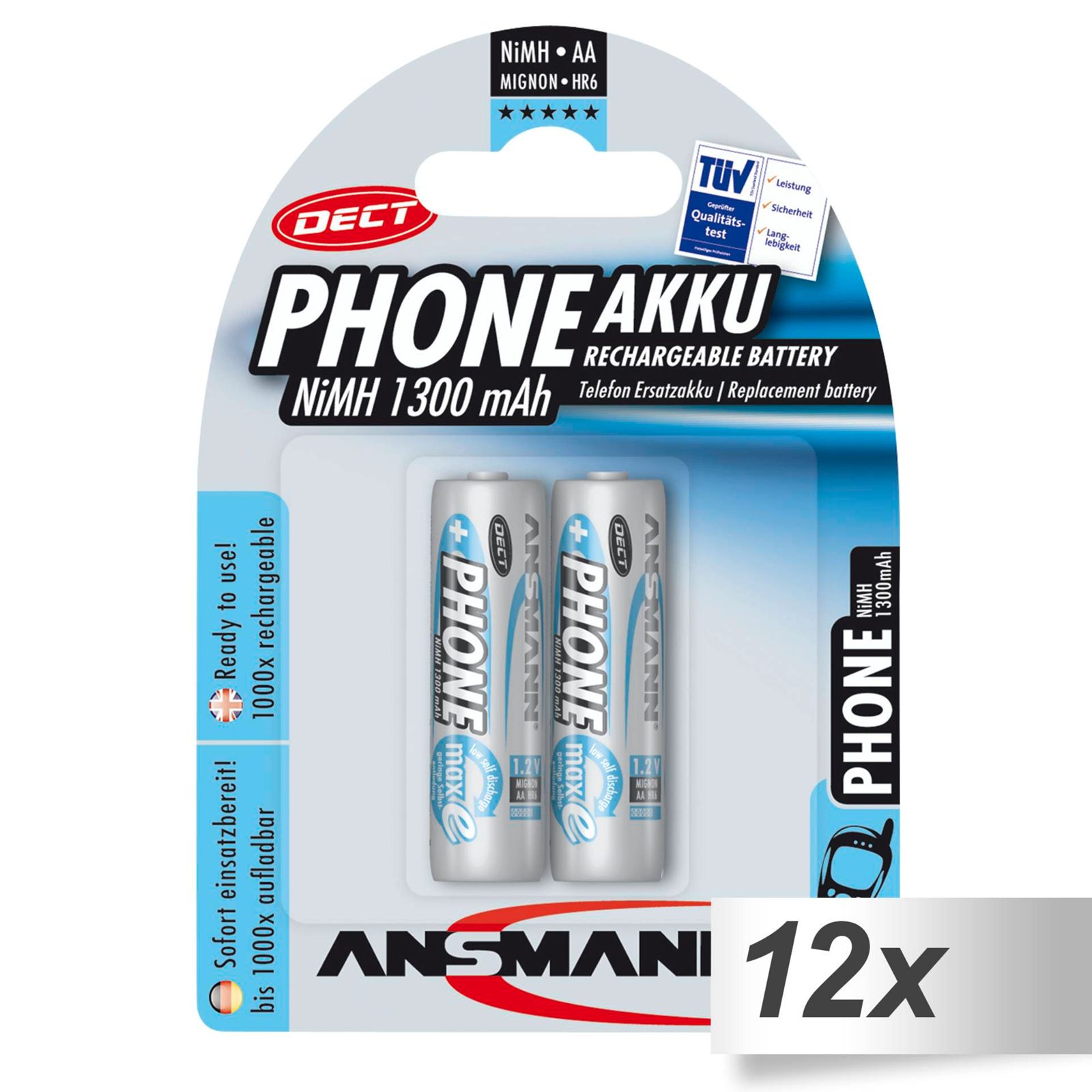 12x2 Ansmann maxE NiMH batt. Mignon AA 1300 mAh DECT PHONE