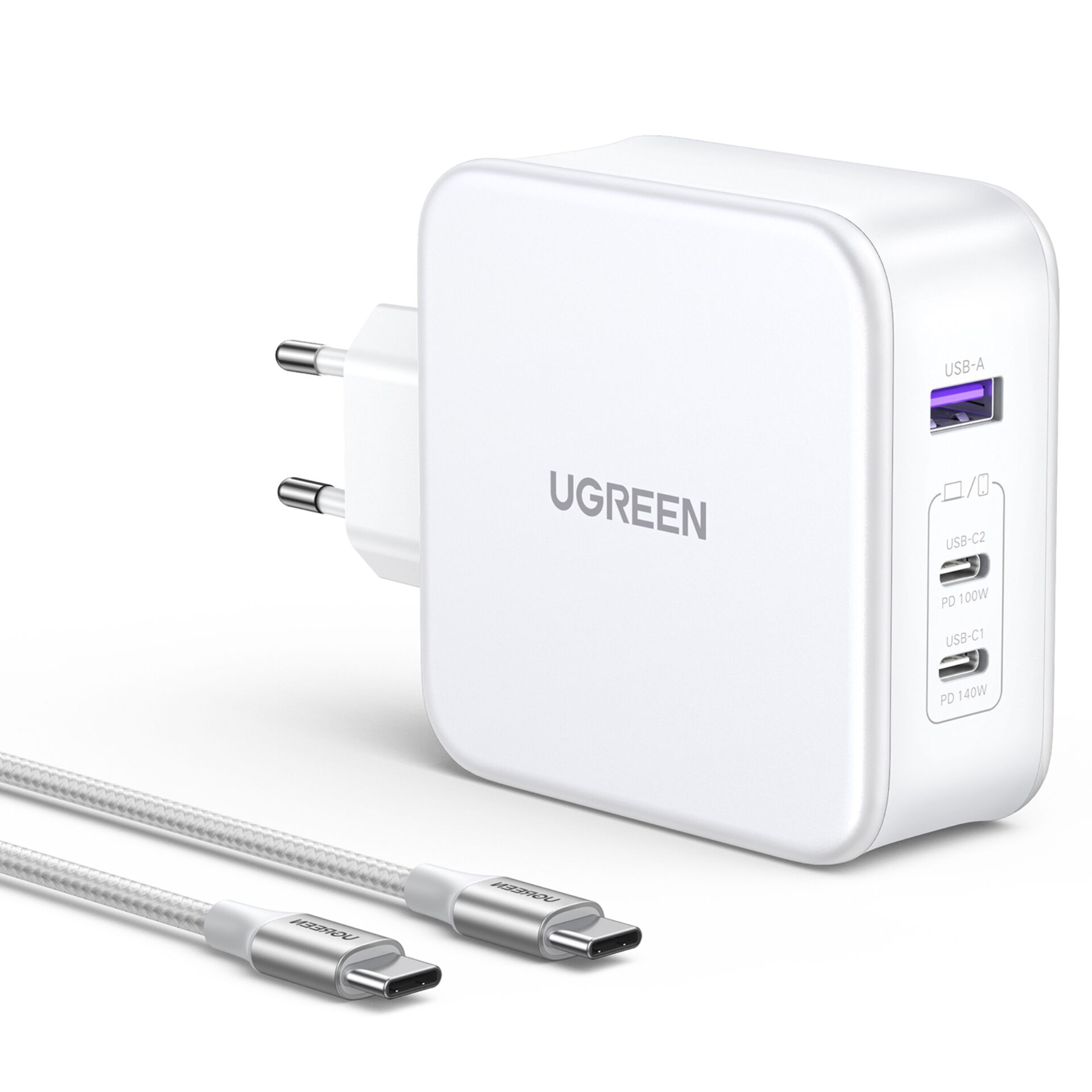 UGREEN Nexode USB-A+2*USB-C 140W GaN Fast Charger+USB-C cavo