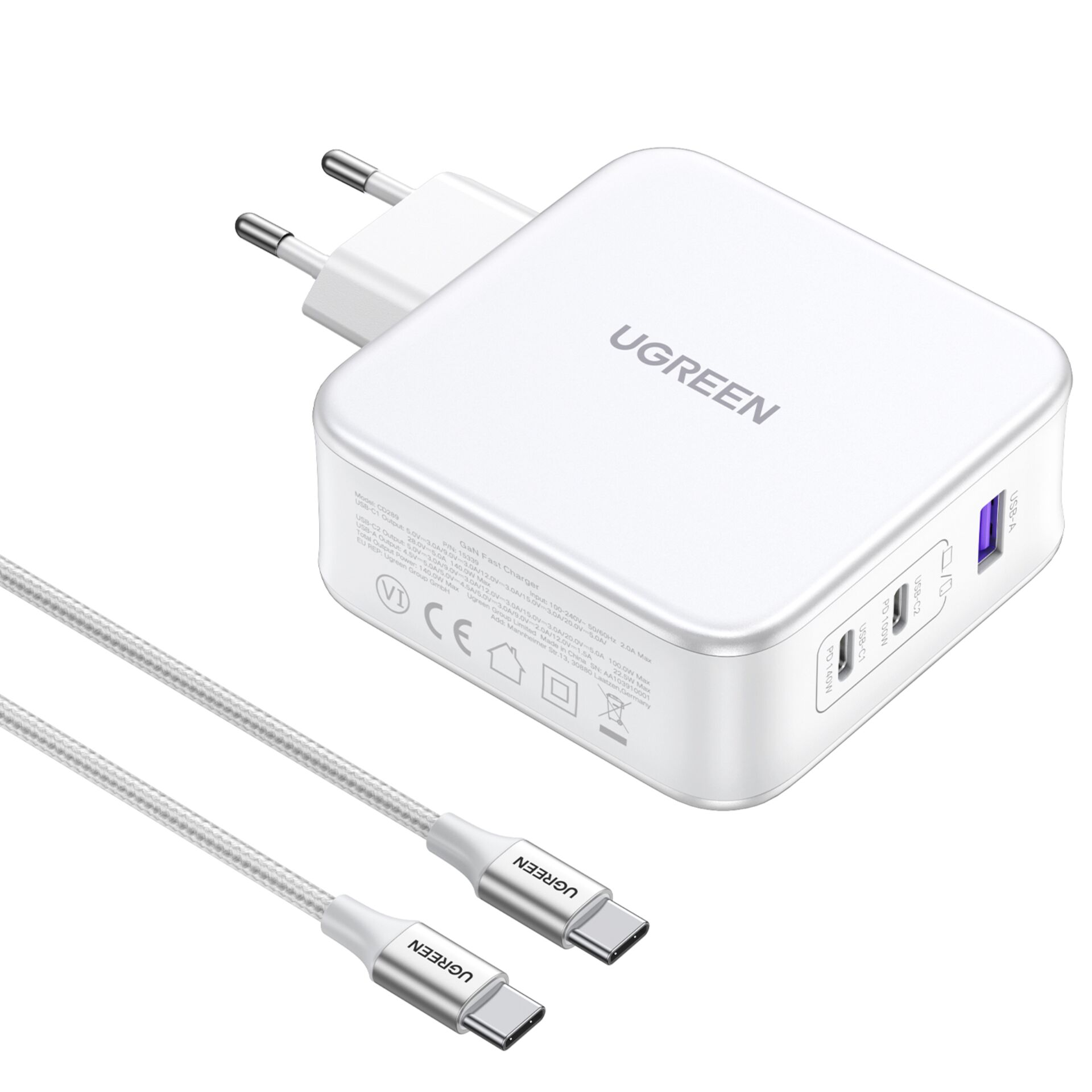 UGREEN Nexode USB-A+2*USB-C 140W GaN Fast Charger+USB-C cavo 2