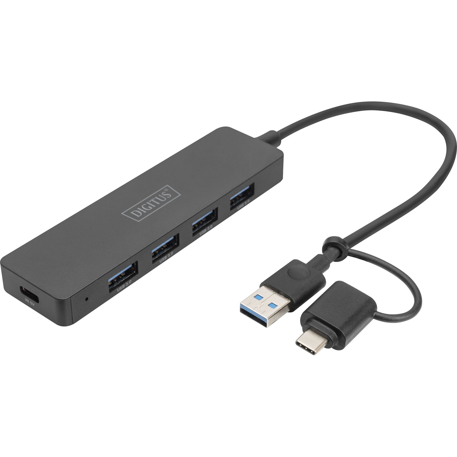DIGITUS USB 3.0 Hub 4-Port+USB-C adatt., SlimLine 0,2m cavo