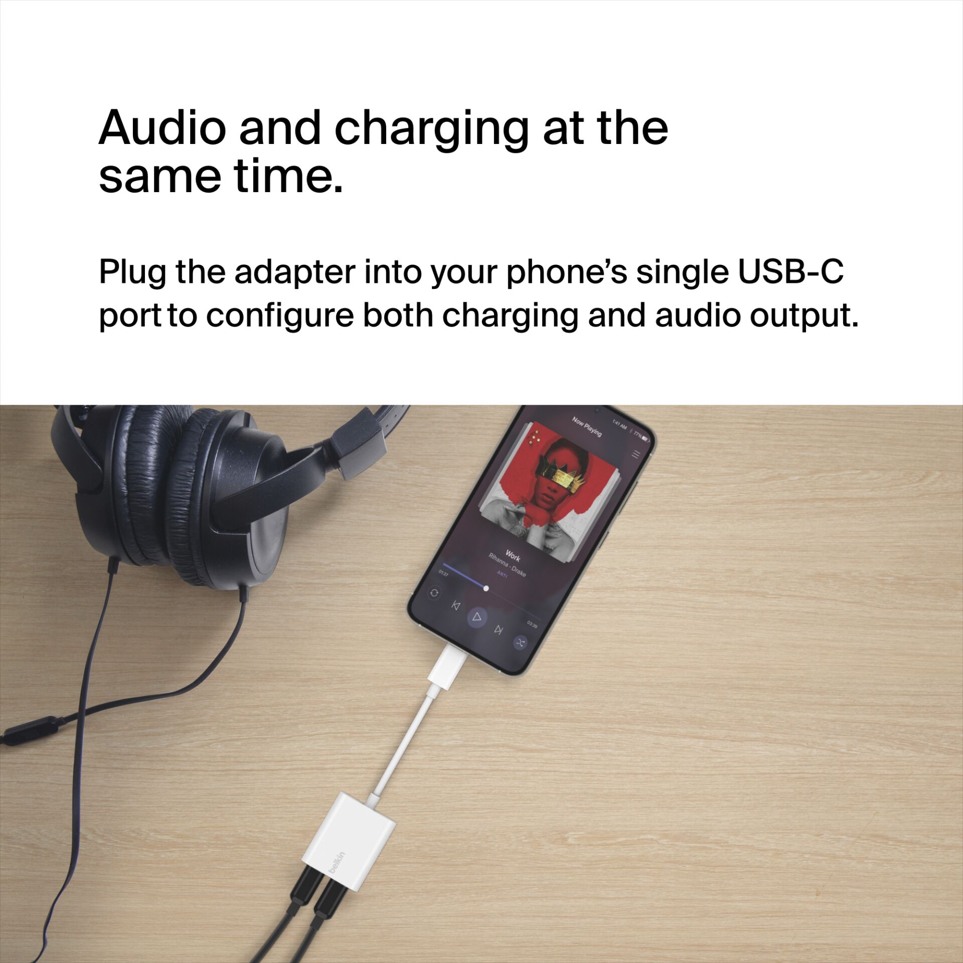 Belkin RockStar USB-C Audio- and Charge Adapter, white F7U08
