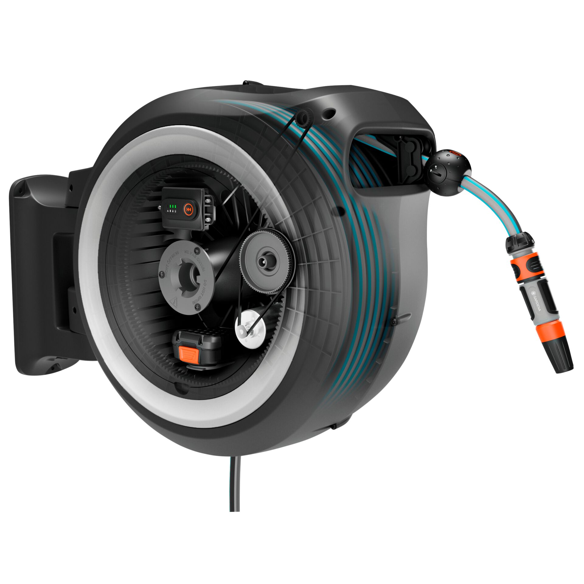 Gardena avvolgitubo parete batt. PowerRoll XL 18V set bian.