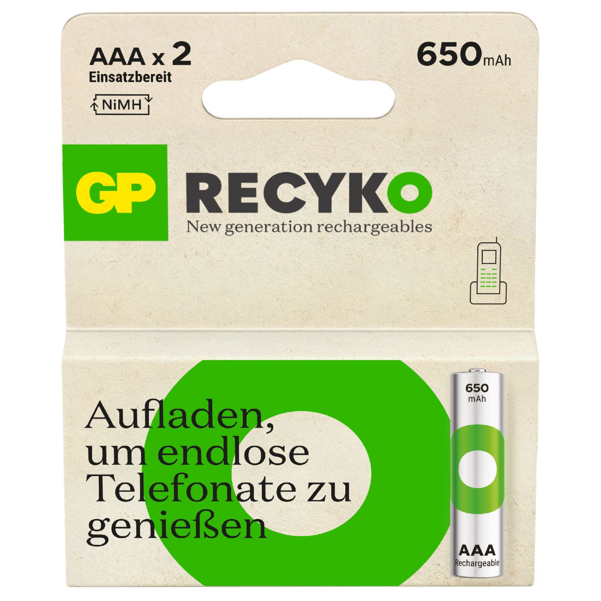 1x2 GP ReCyko NiMH batterie AAA 650mAh DECT-Telephone