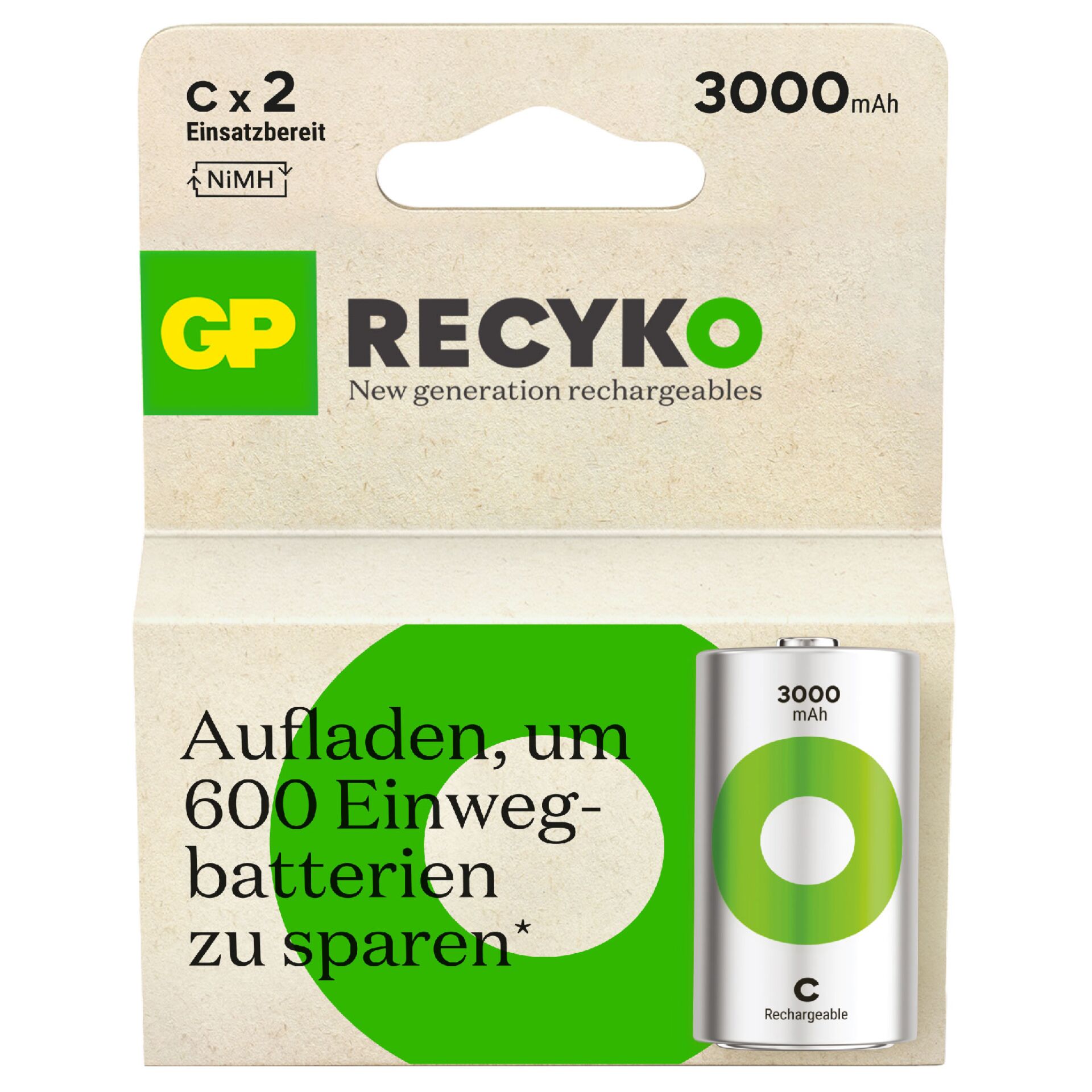 1x2 GP ReCyko NiMH batt. C Baby 3000mAH, pronte per l'uso