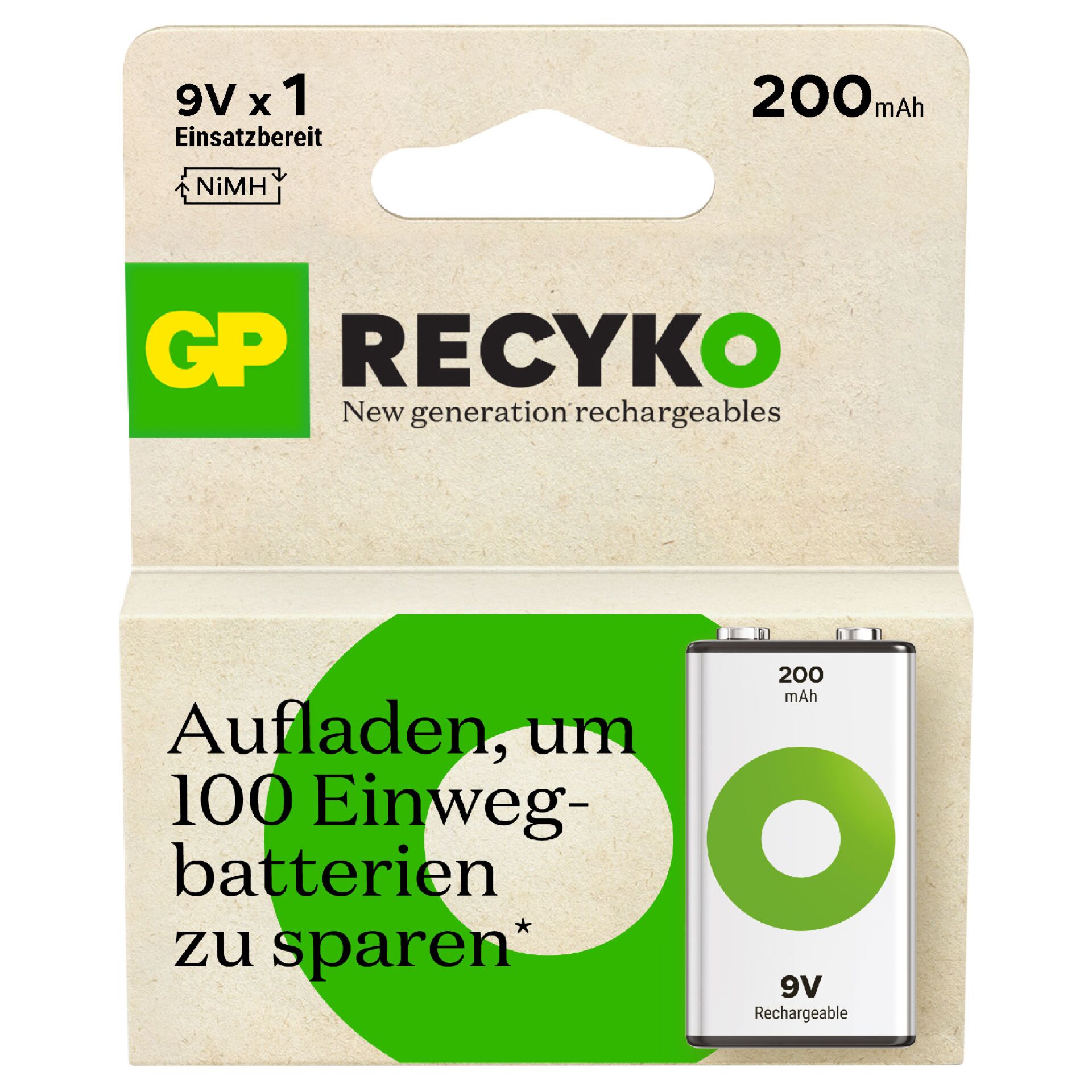 GP ReCyko NiMH batt. 9V Block 200mAH, pronta per l'uso