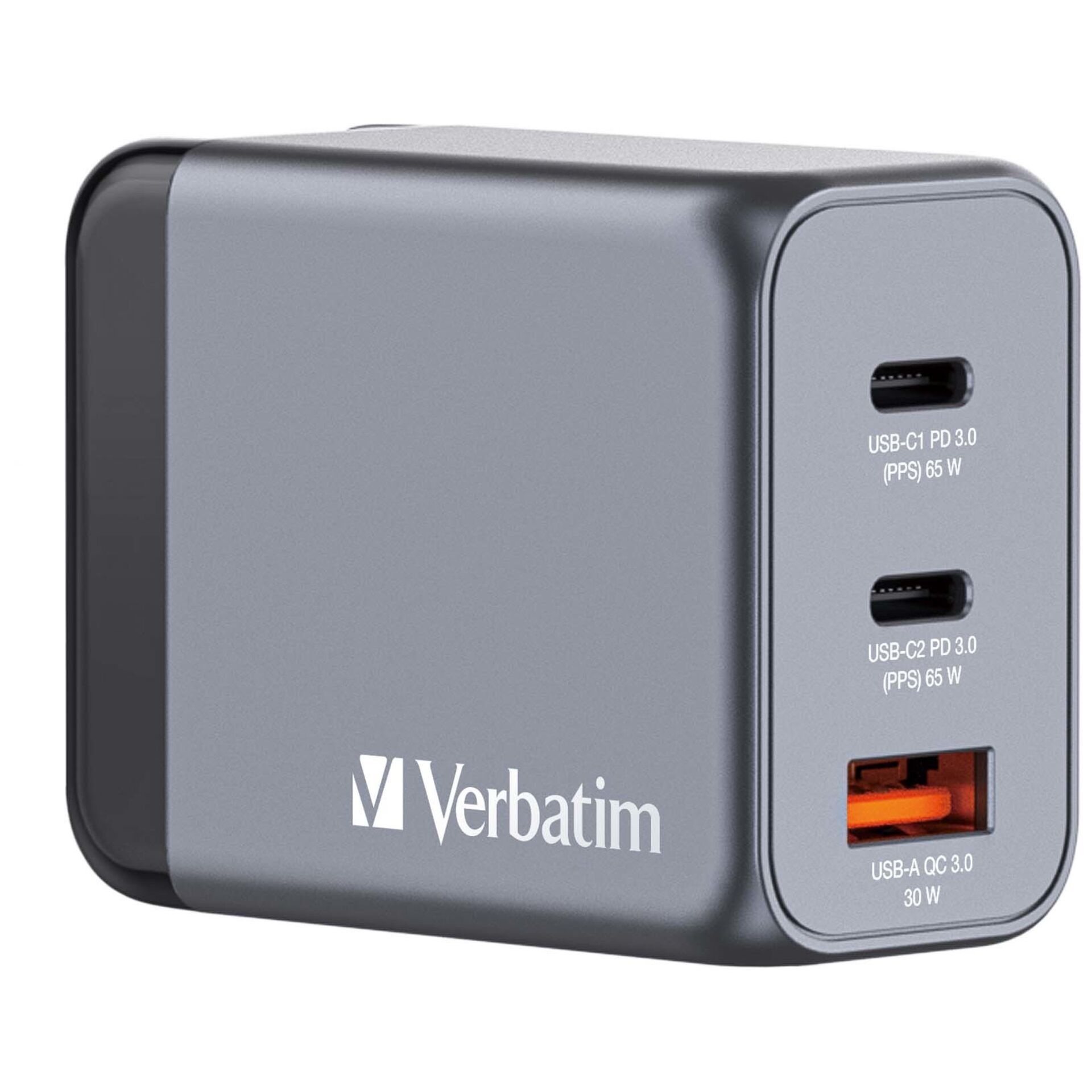 Verbatim GNC-64 GaN Charger 65W 2xUSB-C PD, 1xUSB-A QC 3.0 3