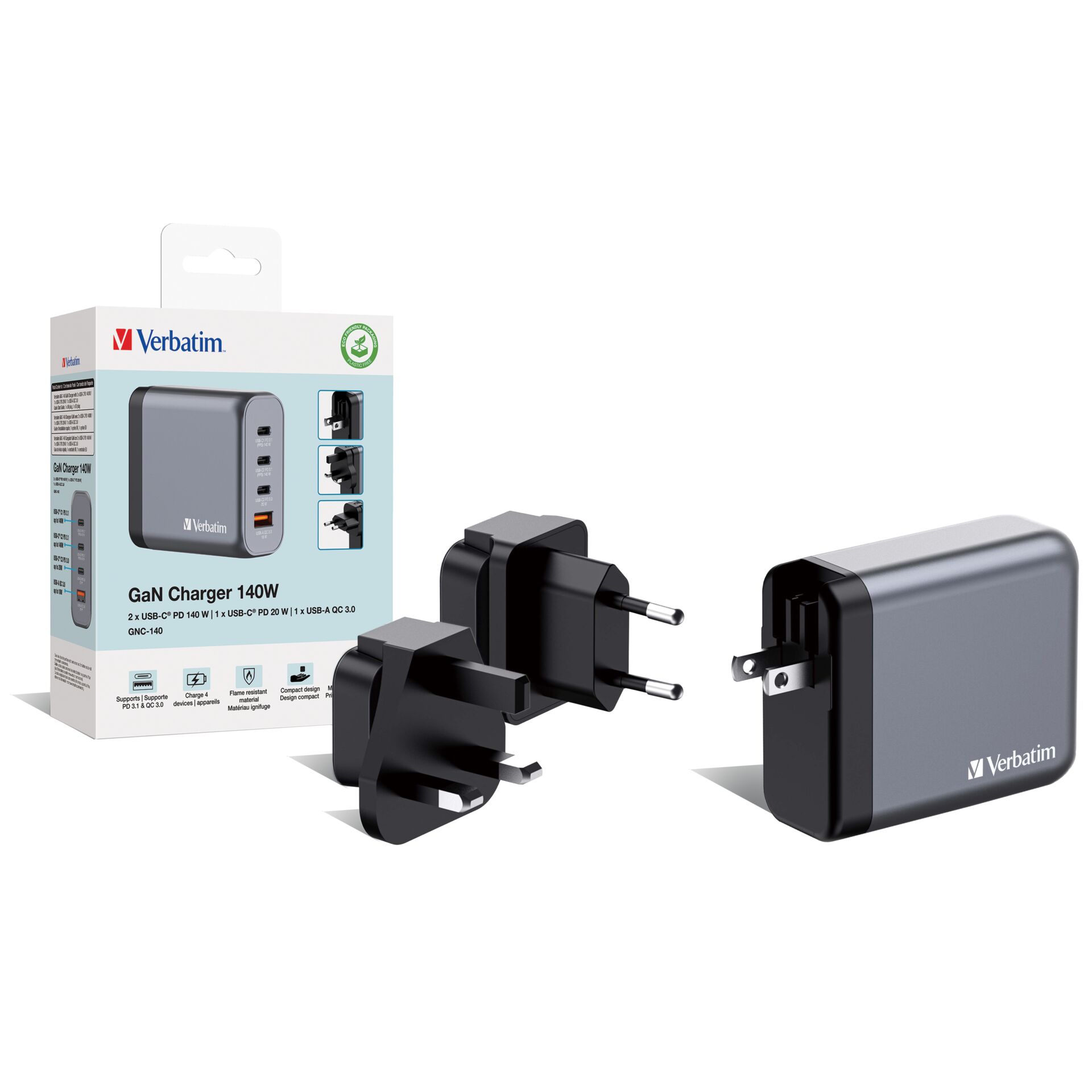 Verbatim GNC-140 GaN Charg. 140W 3xUSB-C PD, 1xUSB-A QC 3.0