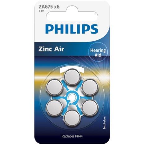 1x6 Philips Zinc-Air PR44 / 675 batterie per apparecchio acu